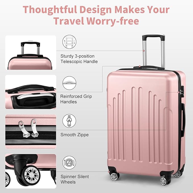 Karl home 28 Inch Check-in Luggage with Spinner Wheels, ABS Hardshell Checked Suitcase with TSA Lock, Durable Large Suitcase Rolling Luggage for Men Women, Pink