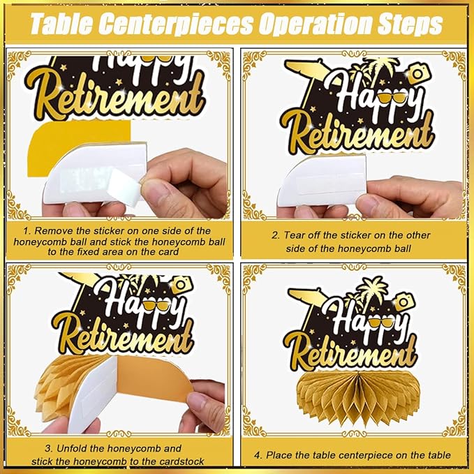 Happy Retirement Party Decorations Men Women, Black and Gold Retirement Party Decorations, Happy Banner, Backdrop, Hanging Swirls, Honeycomb Centerpiece