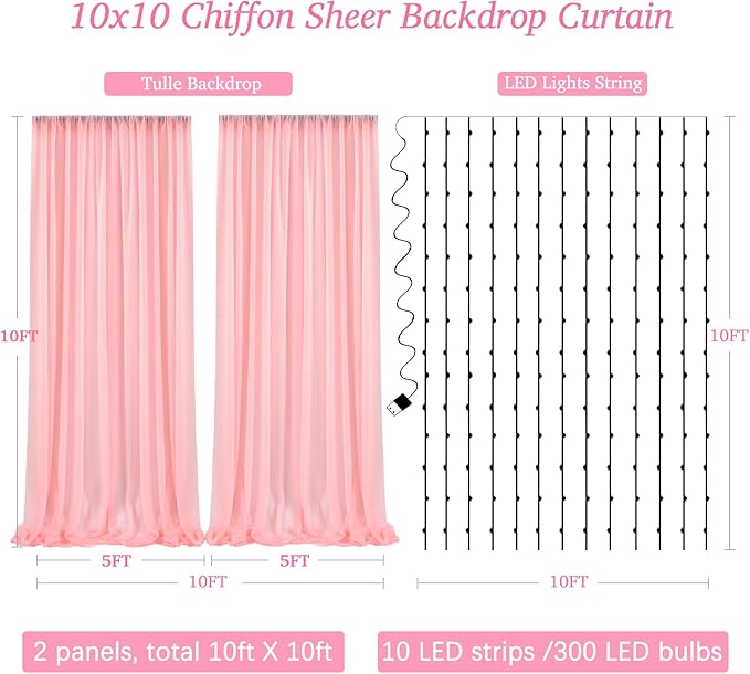10ft x 10ft Baby Pink Backdrop Curtain with Lights String for Parties,2 Panels Sheer Tulle Curtain Wedding Photo Backdrop with Lights for Baby Shower Birthday Party Ceremony Home Decorations