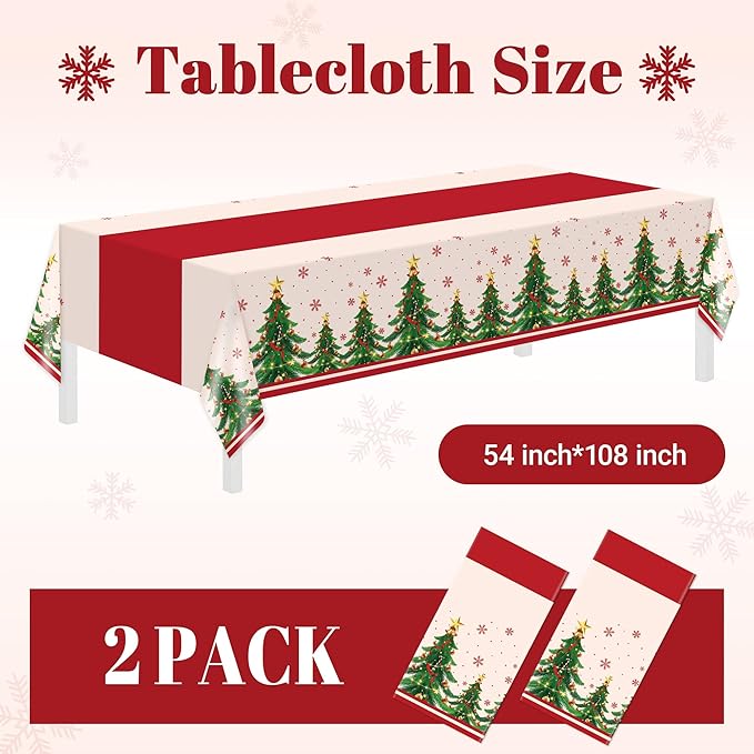 Childom 2 Pack Christmas Tablecloths,Christmas Party Decoration,54 x 108 Inch,Disposable Plastic Table Cloths Rectangular for Party Supplies,Xmas Tree Table Cover for Home,Dinner,Indoor,Outdoor,Picnic