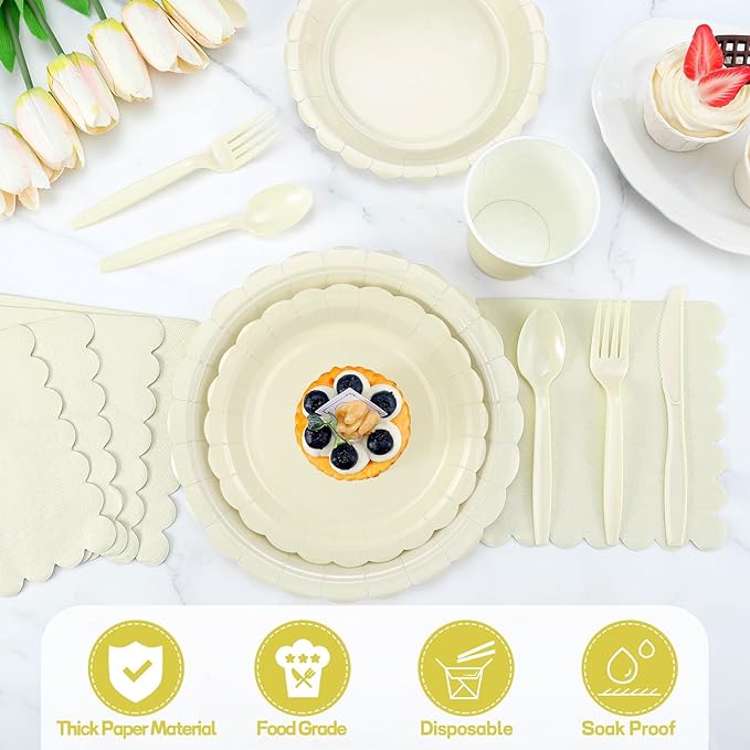 175 Pcs Ivory Paper Plates and Napkins, Beige Party Supplies Include Scalloped Cream Plates Napkin Cup Plastic Cutlery for Wedding, Bridal&Baby Shower, Birthday