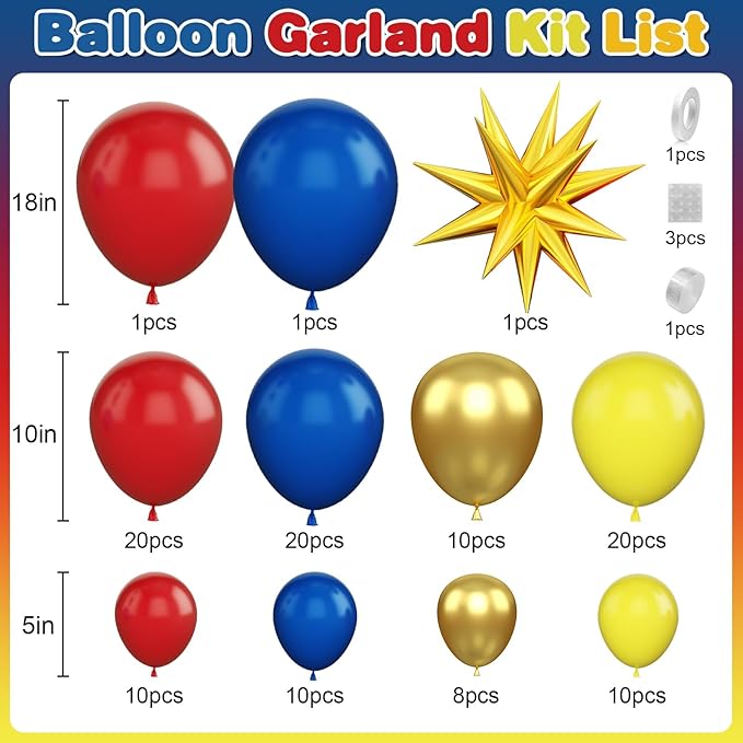 Red Yellow Blue Balloons Garland Kit, Carnival Circus Balloon Arch with Blue Red Yellow Metallic Gold Balloons for Baby Shower Birthday, Gender Reveal Carnival, Video Game Themed Party