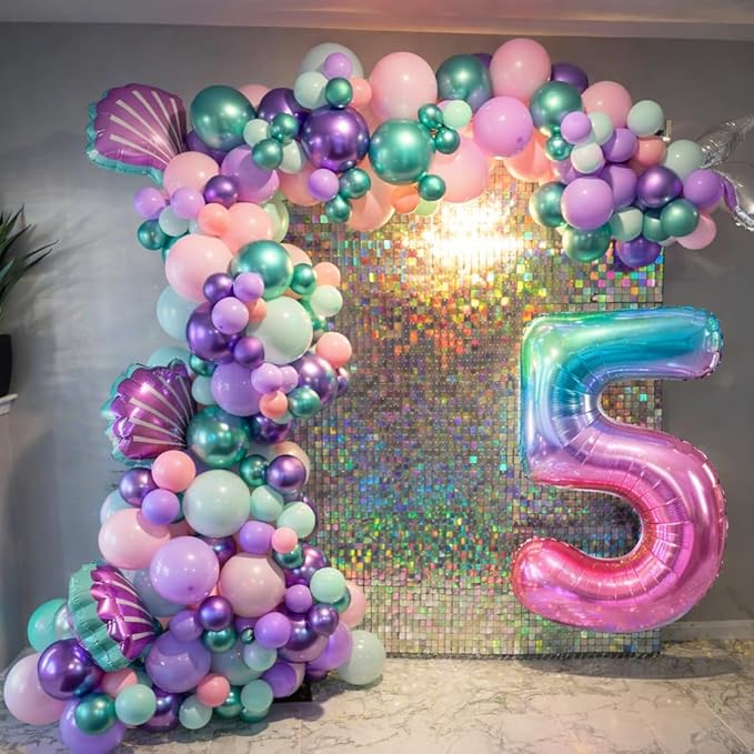 5th Mermaid Birthday Decoration for Girls,Pink Purple Green 5th Birthday Balloon Number 5 Seashell Foil Balloons Banner Mermaid Sea Party Decor Supplies for 5 Year Old