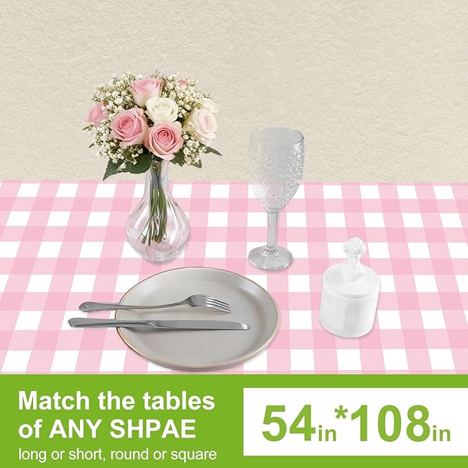Oigco Pink Gingham Tablecloth - 3 Pack 54" × 108" Rectangle Disposable Pink and White Checkered Tablecloth, Picnic Table Cover for Party, Wedding, Birthday