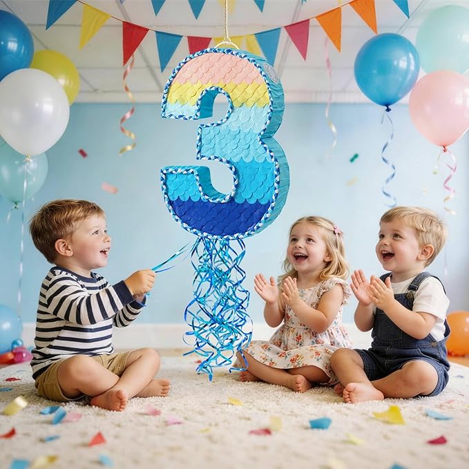WERNNSAI Number 3 Piñata - Ombre Blue Three Piñata Birthday Party Game with Stick Blindfold for Kids Boys Girls 3rd Birthday Party Decorations（16.3" x 11.2" x 3")
