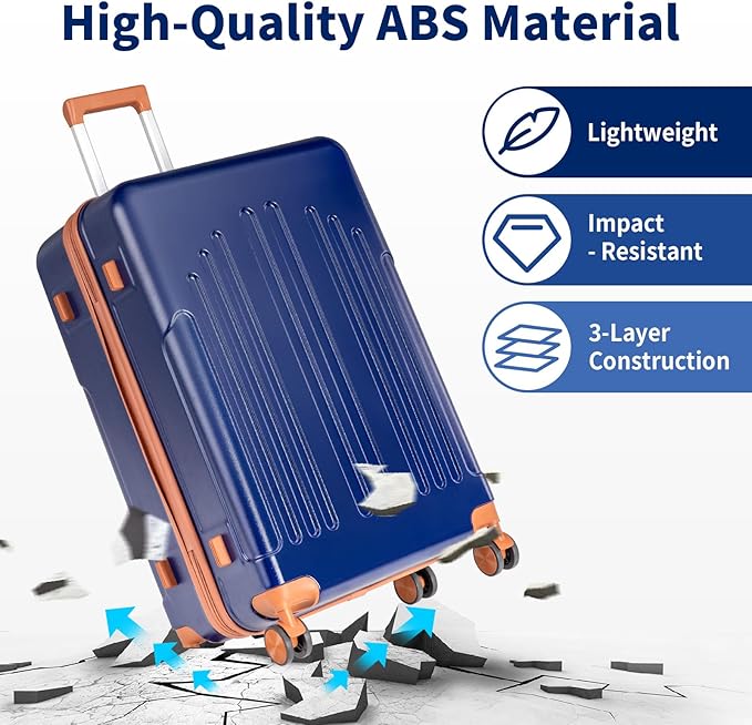 Karl home 28 Inch Check-in Luggage with Spinner Wheels, ABS Hardshell Checked Suitcase with TSA Lock, Durable Large Suitcase Rolling Luggage for Men Women, Navy Blue & Brown