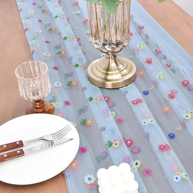 Joanlody 3pcs Blue Embroidery Daisy Spring Summer Table Runner Florals Seasonal Easter Tulle Table Runner Holiday Kitchen Dining Table Decoration Wedding Party