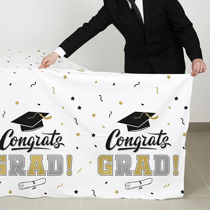 Gatherfun 2026 Graduation Decorations : 2-Pack Congrats Grad Disposable Tablecovers - Class of 2026 White Themed Table Cloths, for Graduation Party Supplies & Graduation Backdrop, 54" X 108"
