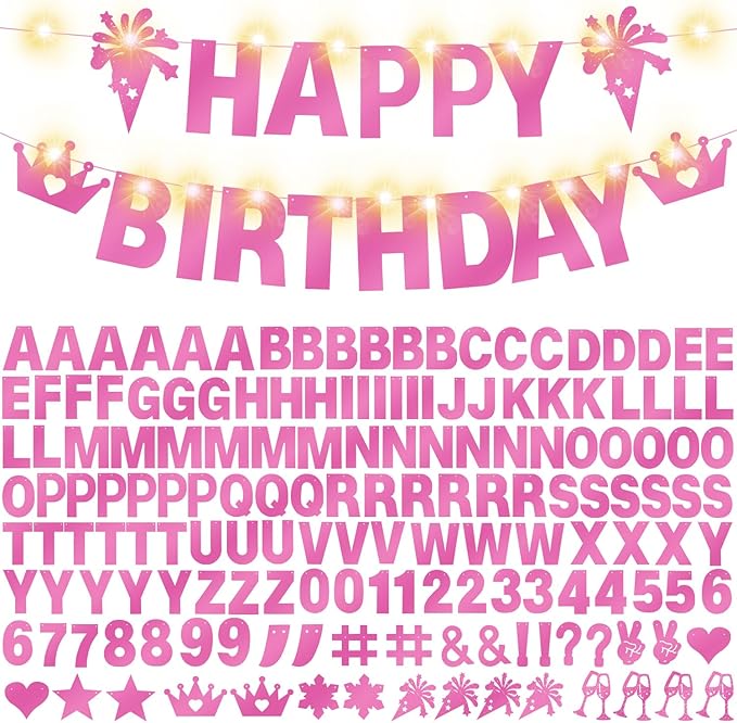 175Pcs Glitter Customizable Banner Kit DIY Custom Letter Banner DIY Girls Happy Birthday Letters 0-9 Numbers Anniversary Personalized Banners Wedding Birthday Party Decoration Supplies(Shiny Light Pink)