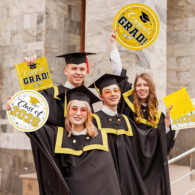 Graduation Party Plates and Napkins Yellow Class of 2026 Grad Congrats Party Supplies Disposable Dessert Paper Plates Cocktail Napkins forGraduation Party Decorations,Serve 50