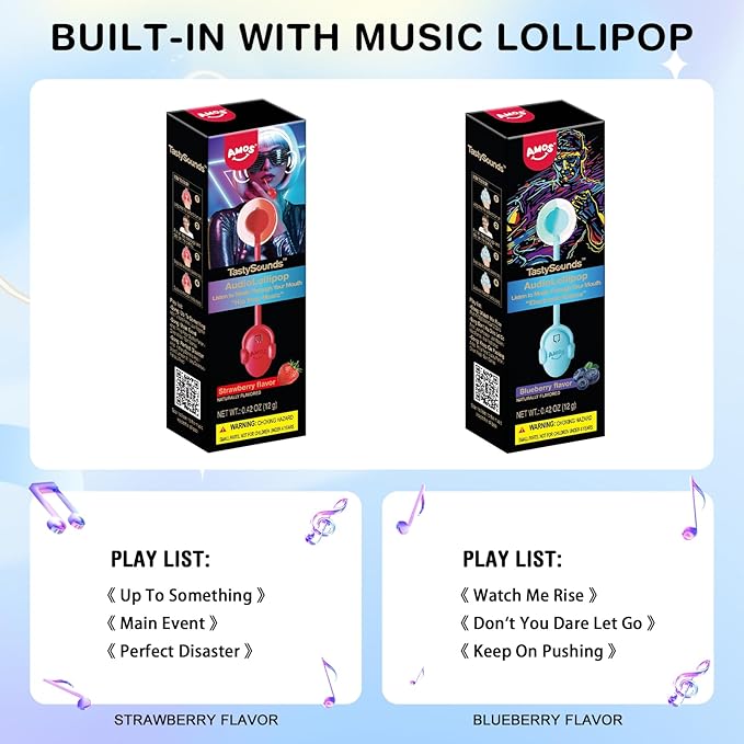 AMOS TastySounds Audio Lollipop 2-Pack Combo - Strawberry & Blueberry Flavors, Bone Conduction Music Candy with Earbud Design
