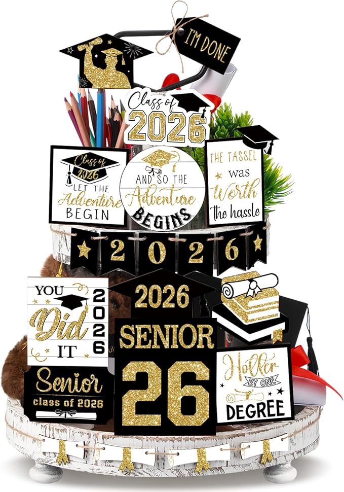 22 Pcs 2026 Graduation Tiered Tray Decor Sets Wooden Graduation Class of 2026 Table Decorations Senior 2026 Gown Diploma Farmhouse Signs for Home Shelf Party Office Desk(Black Gold)