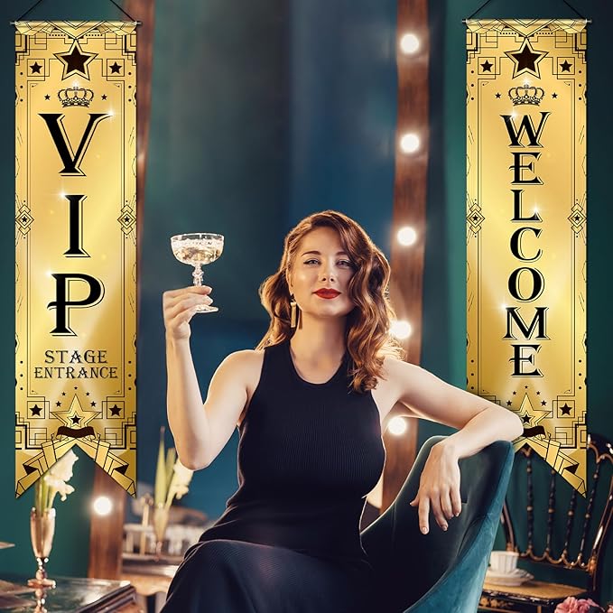 Blulu VIP Party Decorations Roaring 20s Movie Night Banner VIP Porch Sign Movie Theater Now Showing Hanging Porch Sign 1920s Party Supplies(Gold)