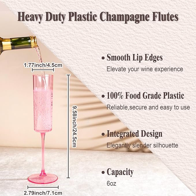 Ciaell 24 Pack Pink Plastic Champagne Flutes - Pink 6 Oz Disposable Champagne Glasses - Square Plastic Toasting Glasses for Party Birthday Anniversary Wedding & Easter