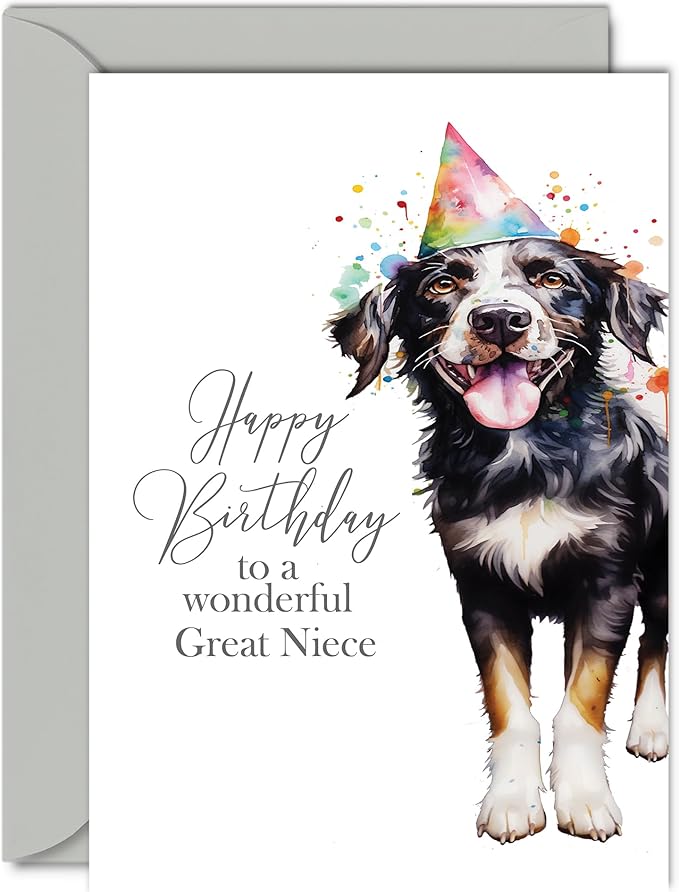Birthday Cards for Great Niece - Party Hat Dog - Happy Birthday Card for Great Niece from Great Auntie Great Uncle, A5 Bday Gifts Greeting Cards for Girls Her