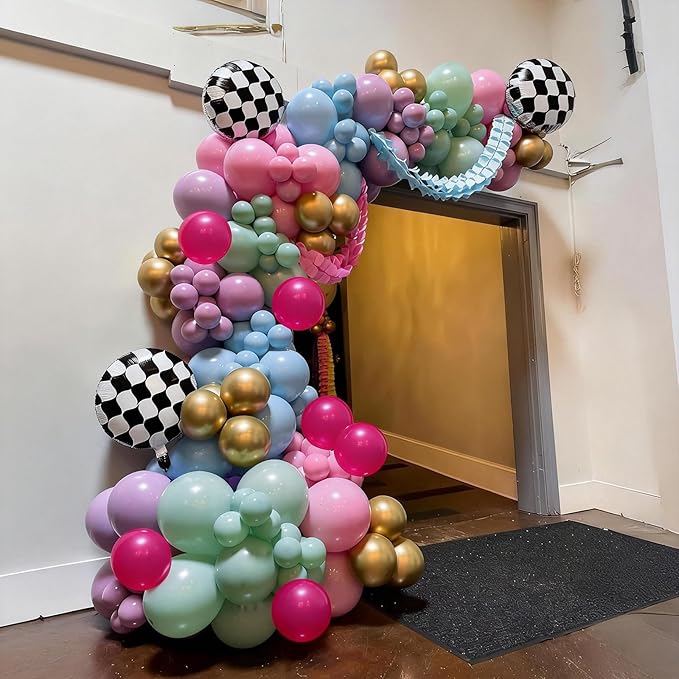 Pink Blue Green Balloons Garland Arch Kit, 125Pcs Pastel Pink Blue Purple Balloons, Dusty Green Hot Pink Gold Balloon Checkered Foil Balloon for Princess Fairy Birthday Spring Garden Tea Party Decor