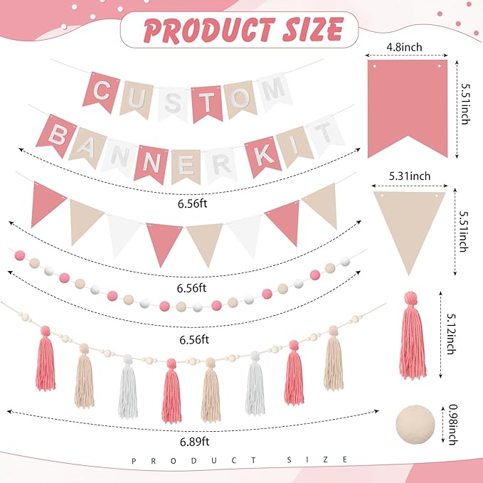 139 Pcs Felt DIY Custom Banner Kit Include 104 Letters 18 Swallowtail Flags 15 Pennants 2 Pcs Pom Pom Garland Tassel Pompom Decoration for Home Baby Shower Birthday(Baby Pink)