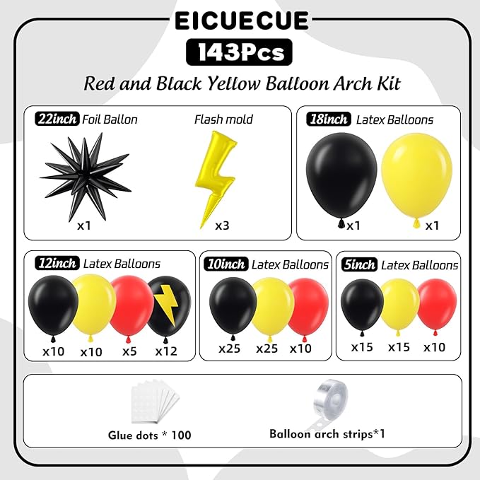 Red Black Yellow Balloons Garland Arch Kit - 143Pcs Lightning Cartoon Birthday Party Balloons Lightning Printed Balloon for Cartoon Theme Birthday Baby Shower Party Backdrop Decorations