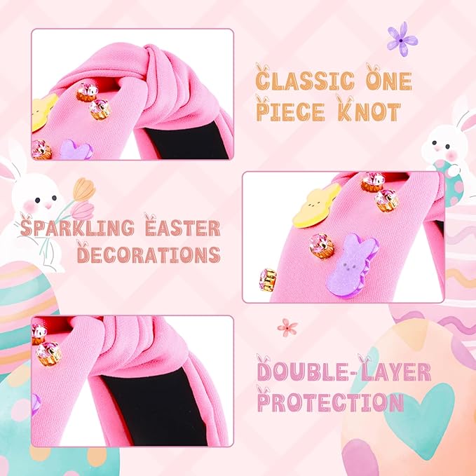 Easter Bunny Headbands for Women, Easters Outfits for Girls Rhinestone Jeweled Rabbit Ears Knotted Headband, Easter Basket Stuffers, Spring Party Favor Gift Peeps Hair Accessories (Pink)