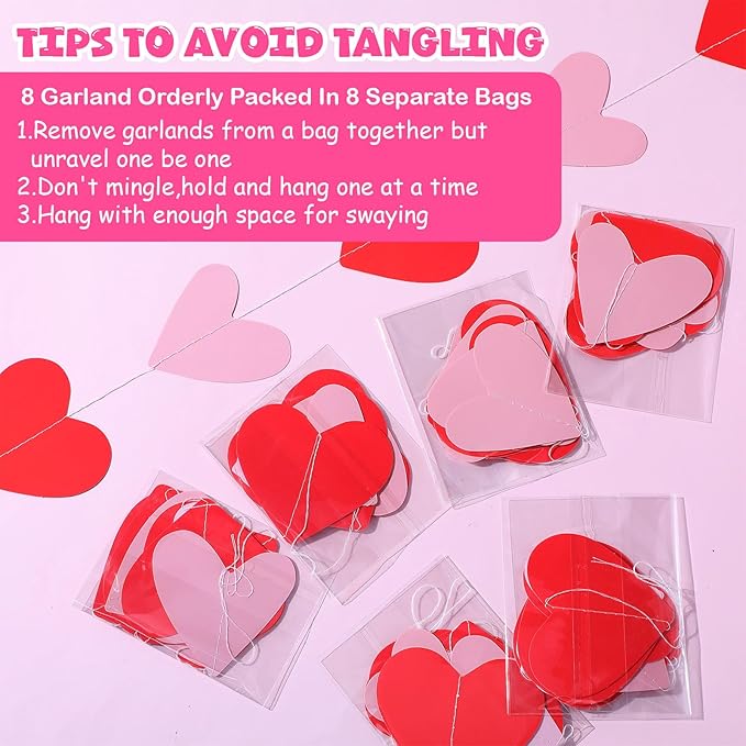 Capoda 8 Pcs Valentine's Day Party Decorations Red Pink Solid Heart Garlands Romantic Hearts Hanging Banners for Sweet Day Birthday Wedding Anniversary Love Themed Party Supplies