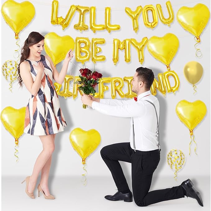 2 Set 16 Inch Will You Be My Girlfriend Balloons Banner, Gold Proposal Letter Balloons with 6 Heart Shaped Balloons for Romantic Decorations, Engagements, Anniversaries, Valentines Day Decor