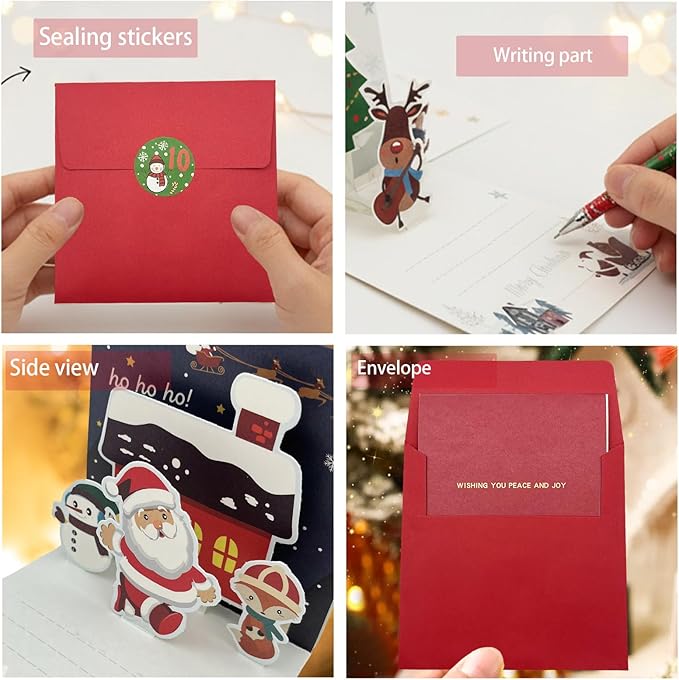 4 Christmas Cards Pack Small Pop Up Christmas Gift Cards with 24 Envelopes Stickers,3D Cute Holiday Greeting Card Santa Snowman,can be given to friends, family, children, boys and girls (baise)