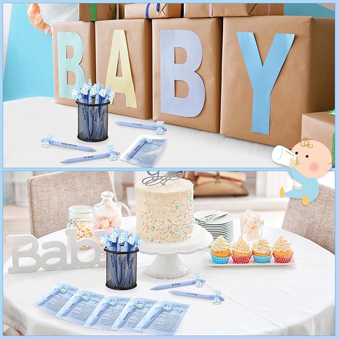 50 Set Baby Shower Party Gift Pen Favors for Guests Include 50 Pink Blue Bow Ballpoint Pens 50 Baby Shower Thank You Cards with Opp Bags for Gender Reveal Party Prizes Souvenirs(Boy)