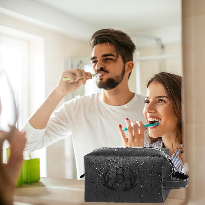 Personalized Gifts Travel Toiletry Bag for Men Engraved Initial PU Leather Waterproof Shaving Bag for Toiletries Accessories Fathers Day Birthday Gift for Men Dad Husband Son, Black H