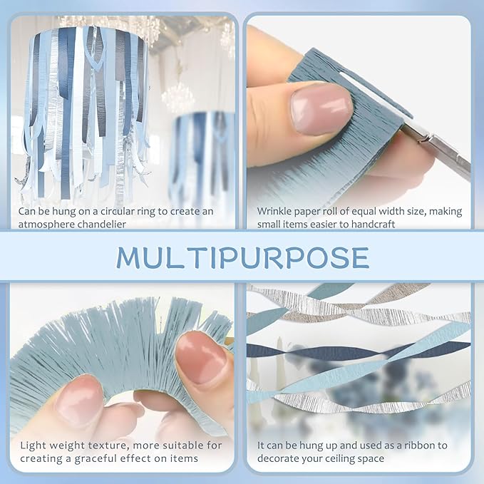 NICROLANDEE 5 Rolls Dusty Blue Grey Silver Crepe Paper Streamers for Wedding Decorations, Paper Garland Decoration for Something Blue Bridal Shower, Birthday, Bachelorette, Baby Shower Backdrop