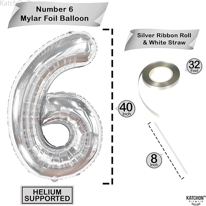 KatchOn, Giant Silver Number 6 Balloon - 40 Inch | 6th Birthday Balloons for 6th Birthday Decorations | 6 balloons for Birthday | Six Balloon Number | 6 Year Old balloon for 6 Year Decorations