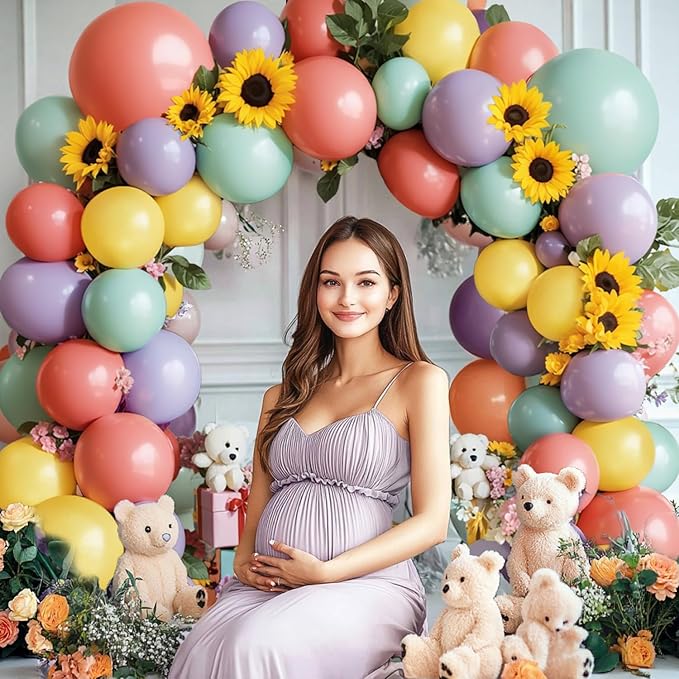 Dusty Green Purple Yellow Coral Balloons Arch Kit, Double Stuffed Sage Fog Green Pastel Yellow Red Light lavender Balloon Garland Kit for Birthday Floral Easter Spring Summer Party Decor