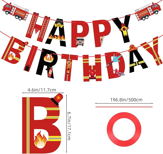 Fire Truck Happy Birthday Banner Sign, Fire Engine Rescue Birthday Bunting Banner Flag Garland for Kids Boys Fire Truck Party Carnival Party Decorations Supplies