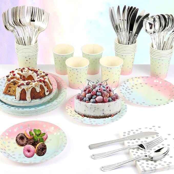 200Pcs Disposable Party Dinnerware Set, Paper Tableware Set, Disposable Party Supplies Happy Birthday Paper Plates, Napkins, Cups, Plastic Forks Knives Spoons Straws Favor for 25 Guests