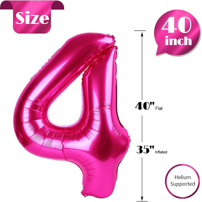 Hot Pink Number 4 Balloon 40 Inch, 4 Balloon Number, 4th Birthday Decorations, Hot Pink Party Supplies for Boys Girls