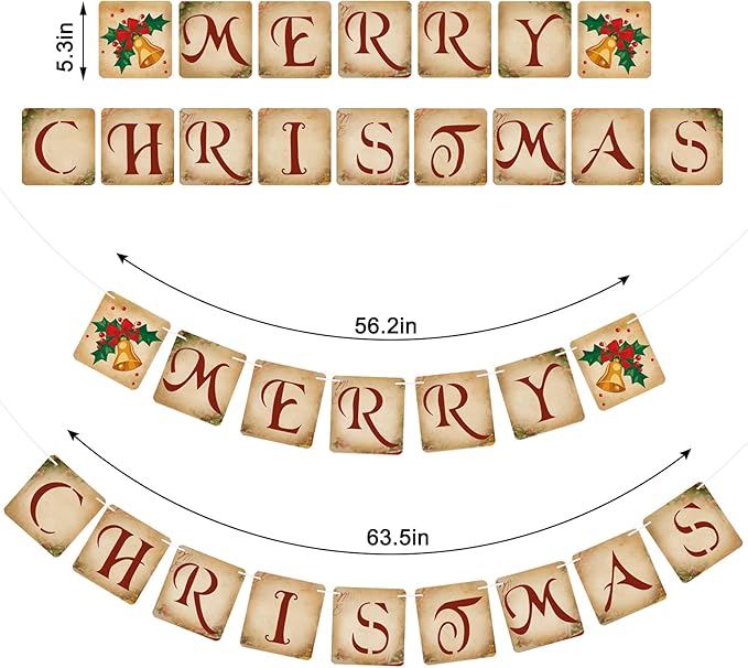 Vintage Merry Christmas Banner Decorations - Retro Nostalgic Traditional Old Fashioned Victorian Xmas Bunting Garland for Indoor/Outdoor Party Supplies, Home, Office, Classroom, Fireplace and More