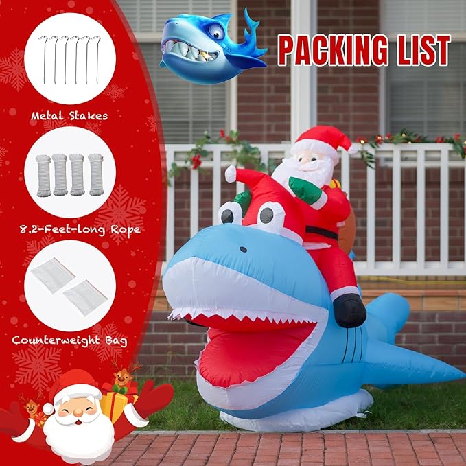 JOYHALO Christmas Inflatables Santa, 8.8 FT L Santa Riding Shark Inflatable, 5.3FT H Outdoor Christmas Blow Ups, Christmas Yard Decorations Outdoor Indoor Garden Lawn Xmas Decor