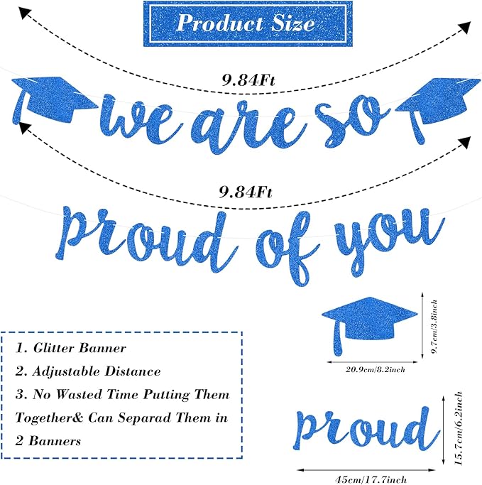 2026 Graduation Decorations Pre-Strung Blingbling We Are So Proud of You Banner Glitter Graduation Garland for Class of 2026 High School College Grad Party (Blue)