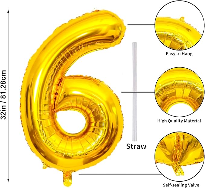 32 In Gold Large Numbers Balloons 0-9, Self Inflating Number 6 Balloons for Boys Girls, Big Gold Digit 6 Balloons for Women Men Birthday Party Anniversary Wedding Supplies Decorations