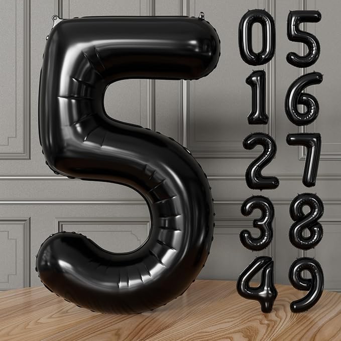 Black Number 5 Balloons – 40 Inch Giant Foil Number Balloon, Black Number Balloon for Men Women Boys Girls Birthday Graduation Anniversary Party Decorations