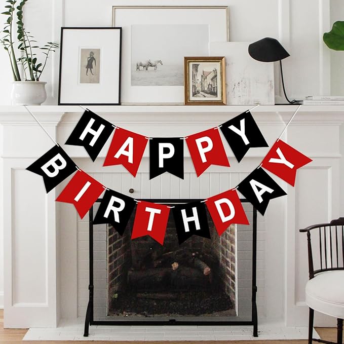 Red and Black Happy Birthday Banner Birthday Party Banner NO DIY Happy Birthday Sign Pre-Strung Birthday Hanging Decoration for Women Men Girl Boy Party Supplies (Red and Black)