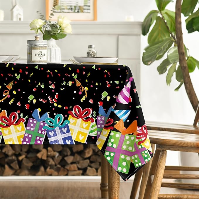 Horaldaily Birthday Tablecloth 60x140 Inch Rectangular, Happy Birthday Ballon Black Washable Seasonal Table Cover for Party Picnic Dinner Decor