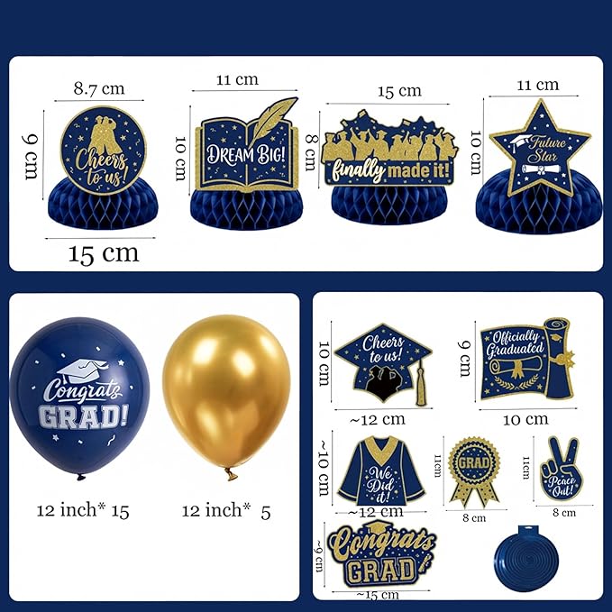 Night Blue Gold Balloons GRAD Print Balloons with Banner Table Honeycomb Centerpieces Hanging Swirl backdrop Stars Graduation Cap GRAD Letters Mylar Balloons for 2026 graduate Prom Decorations