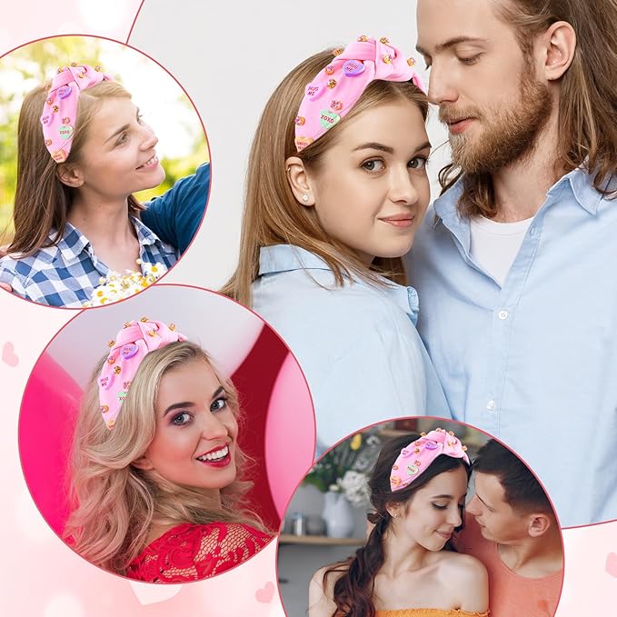 Valentine’s Day Headbands for Women, Candy Love Conversation Heart Headbands, Rhinestone Jeweled Trendy Pink Knotted Headband for Valentines Outfit, Valentine’s Day Gifts Hair Accessories for Her