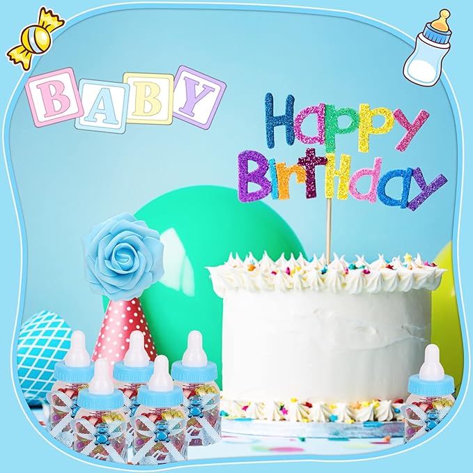 MACTING Baby Bottle for Baby Shower Favors, 4Dozens Mini Candy Bottles with 10pcs Artificical Flowers for Boys Girls Newborn Party Centerpiece Decorations(Blue)