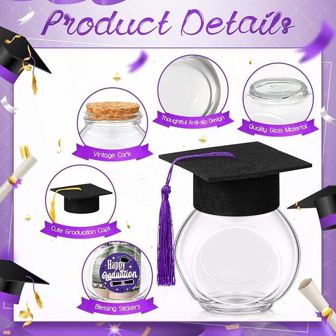 20 Sets Glass Graduation Cap Candy Jars Class of 2026 Graduation Party Decorations Candy Boxes Containers with Sticker for 2026 Grad Ceremony Party Supplies DIY(Purple)