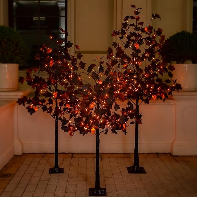 Halloween Decor Set – 4ft, 5ft & 6ft Black Maple Trees with 384 LED Lights, 24 Skull Lights & Spiders, Dimmable Timer, 16ft Cord, Indoor & Outdoor Decoration