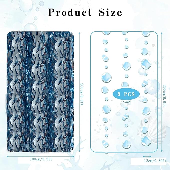 Blue Wave Shaped Streamers Ocean Themed Tinsel Foil Fringe Curtain with Bubble Garlands for Beach Under The Sea Party Decorations (3.3 feet Curtain 3 Bubble Garlands)