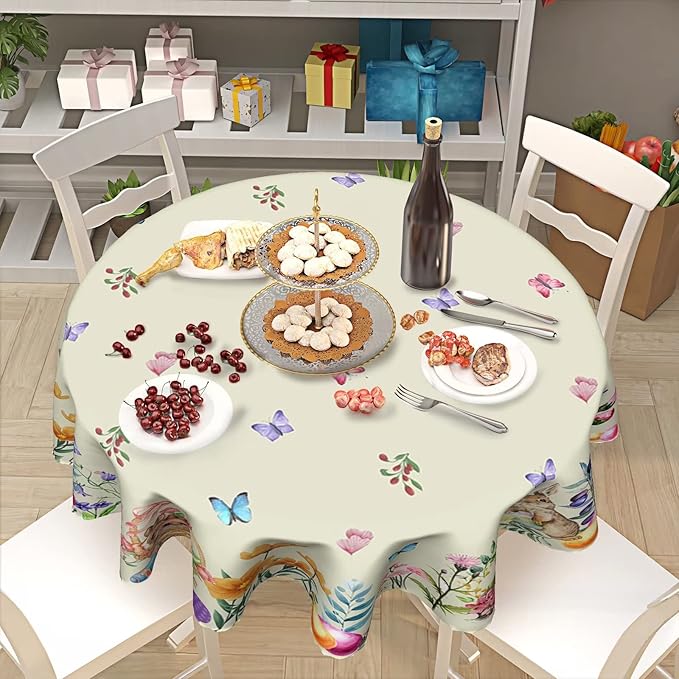 Easter Tablecloth Round 60 Inch Spring Floral Tablecloth Farmhouse Bunny Easter Table Cloth for Dining Room Kitchen Holiday Picnic Party Indoor or Outdoor Decor