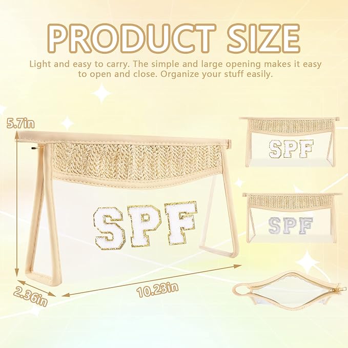 Iqimott 2Pcs Boho Patch SPF Bag Clear Makeup Letter Bag, Waterproof Zipper Make up Bags Toiletry Pouch for Women Girls, Clear Letter Patch Cosmetic Bags Transparent Organizer Pouch for Travel(SPF)