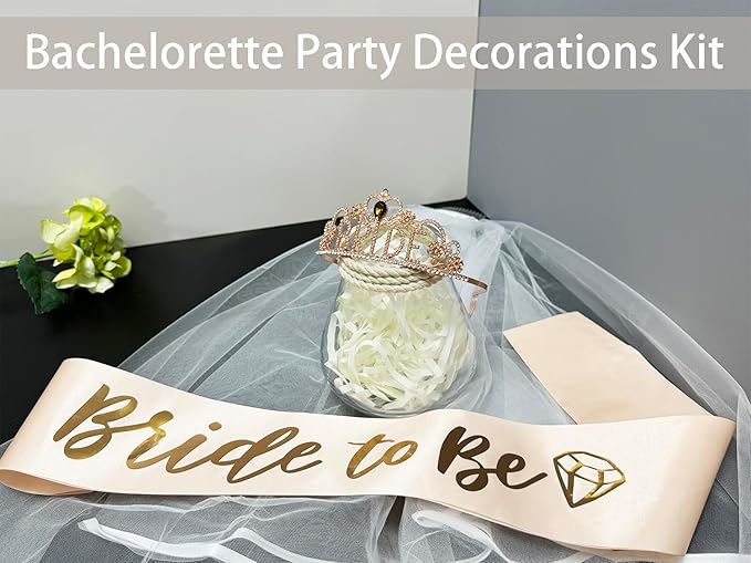 JETKONG 3 Pcs Bachelorette Party Decorations BRIDE Crown, Bride to Be Sash&Veil for Women Bachelorette Party Gifts, Bridal Shower Supplies, Gifts, Favors (Rose Gold)
